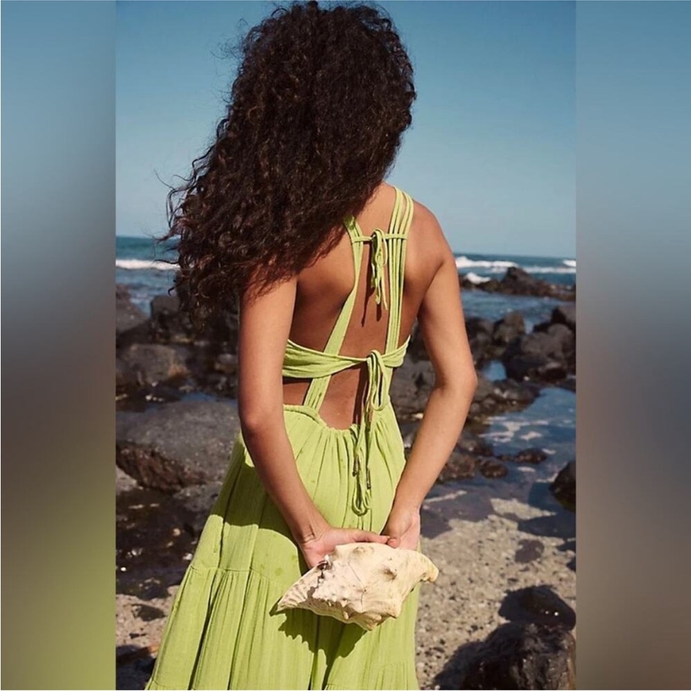 New Free People Auralie Maxi Dress size LARGE Citron Green Tiered - Picture 3 of 6